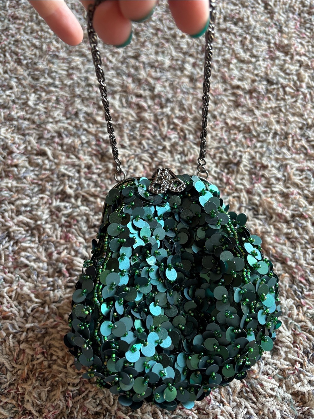 Menbur Green Sequin Wristlet with Chain Strap
